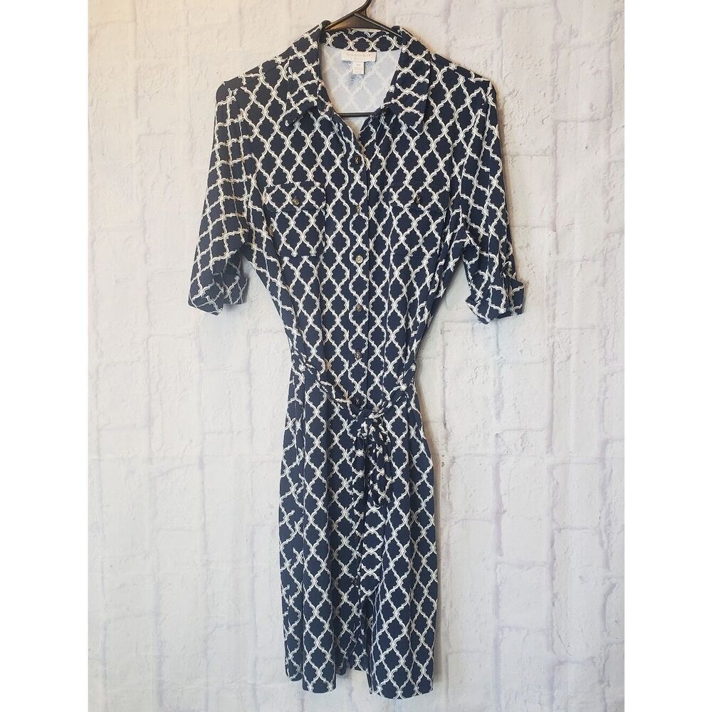 CHARTER CLUB Navy & White Jersey-Knit Shirt Dress PM